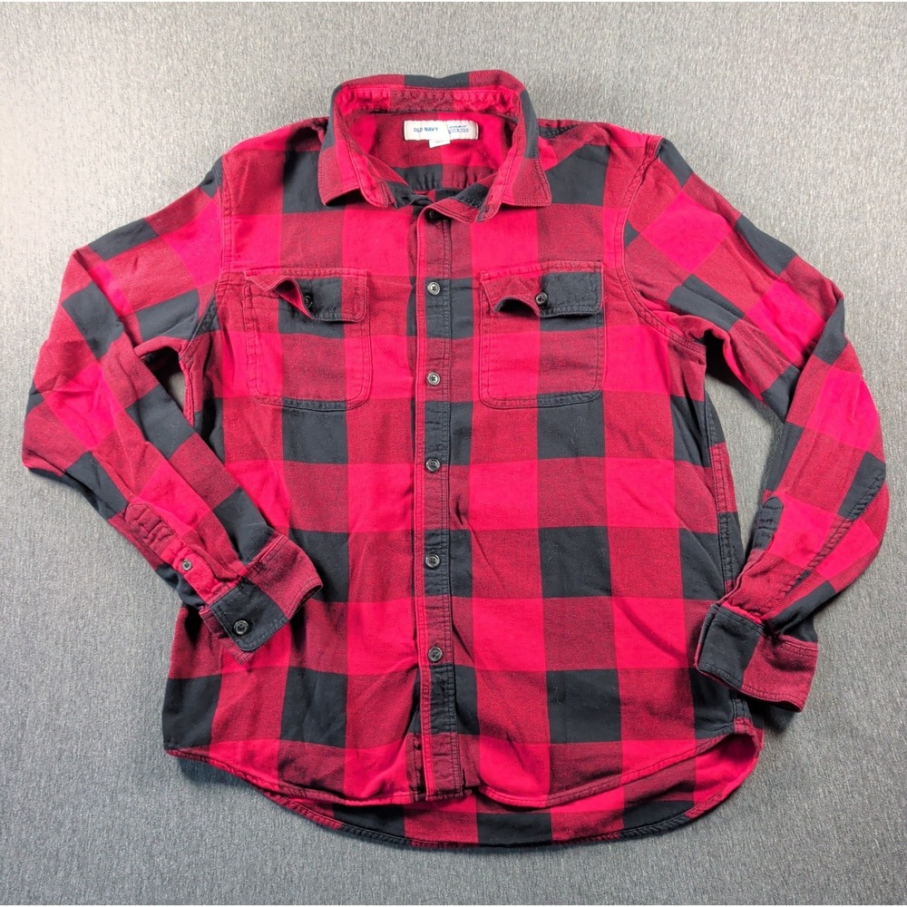 Old Navy Flannel Shirt Mens M Red Black Buffalo Plaid Built-In Flex Grunge EUC